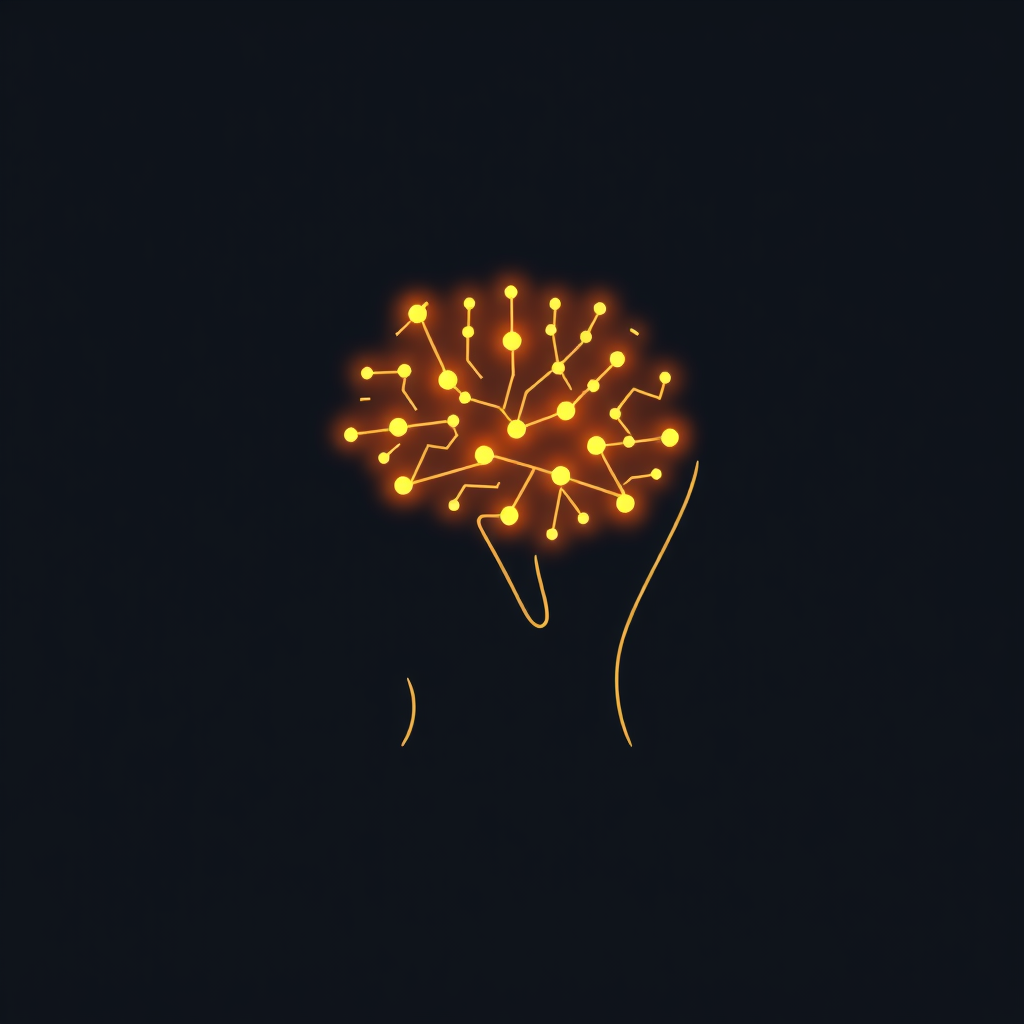 Simple icon idea: A minimalist human head profile with a glowing, stylized neural network pattern subtly integrated into the 'brain' area, representing AI as a source of digital inspiration.