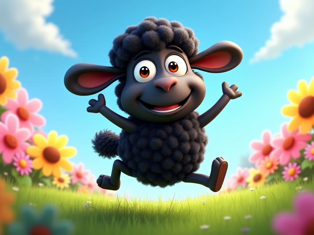 The image shows Shaun the Sheep running in a field of flowers, with a bright blue sky and fluffy white clouds in the background. The image is animated, giving it a lively and cheerful atmosphere.