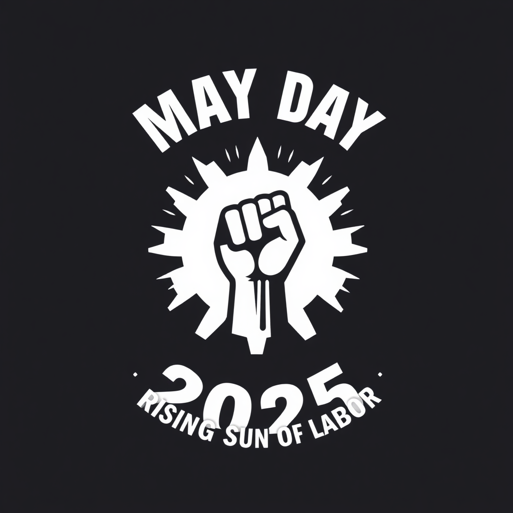 Simple Logo Concept: A stylized rising sun merging with a gear or raised fist, symbolizing labor's power and hope. Clean text: 'May Day 2025 - Rising Sun of Labor'.
