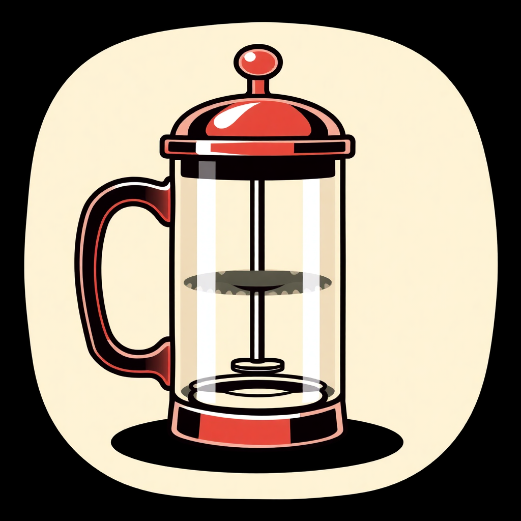 The image is an illustration of a French press coffee maker. The French press is made of glass and has a red lid with a red handle on top. The lid has a small knob on the top for adjusting the temperature. The base of the French press has a plunger, which is used to pour hot water into the cup. The cup is sitting on a black base. The background is a light beige color.