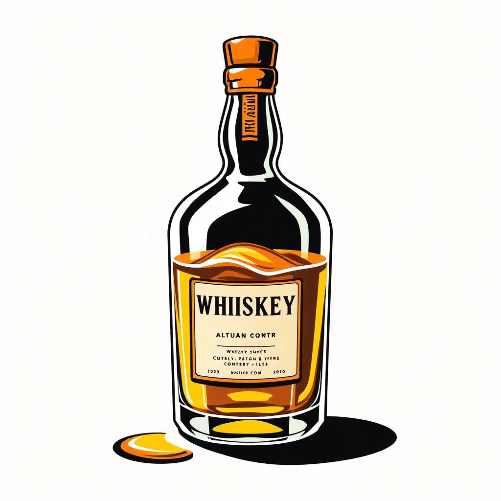 The image is an illustration of a bottle of whiskey. The bottle is made of glass and has a cork stopper on top. The label on the bottle is orange and white with the word WHISKEY written in bold black letters. Below the label, there is a small amount of whiskey in a glass jar. The jar is placed on a white background. The whiskey appears to be amber in color and is spilling out of the jar onto the surface. The overall style of the illustration is simple and cartoon-like.