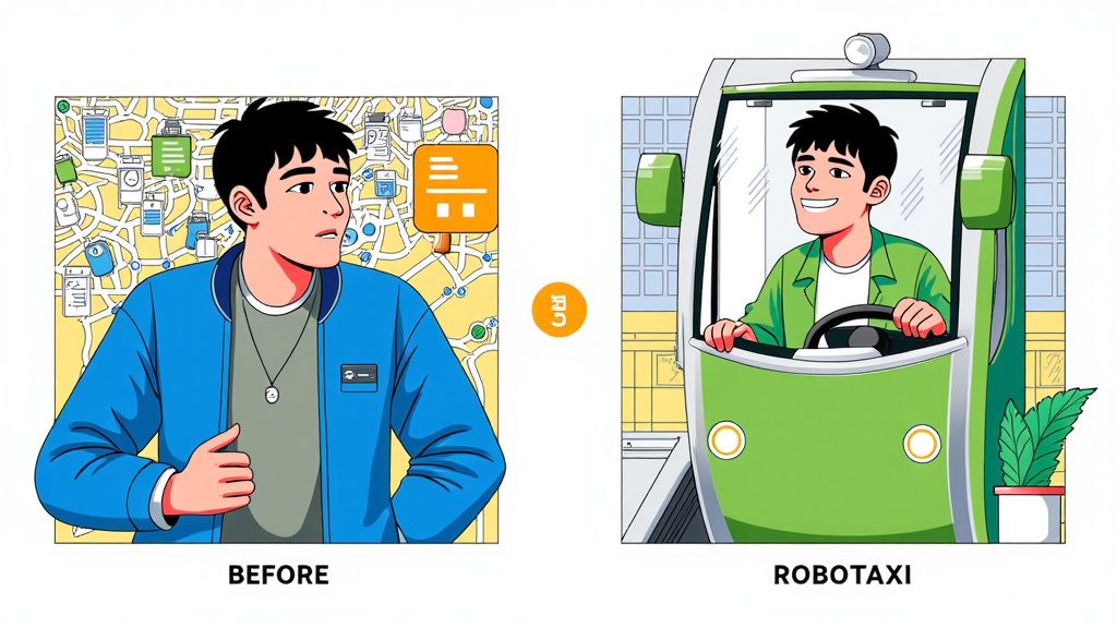 A 'before and after' style concept: one panel showing mobility challenges for a specific individual (e.g., navigating complex public transport), and the second panel showing the same individual confidently and independently using a robotaxi.