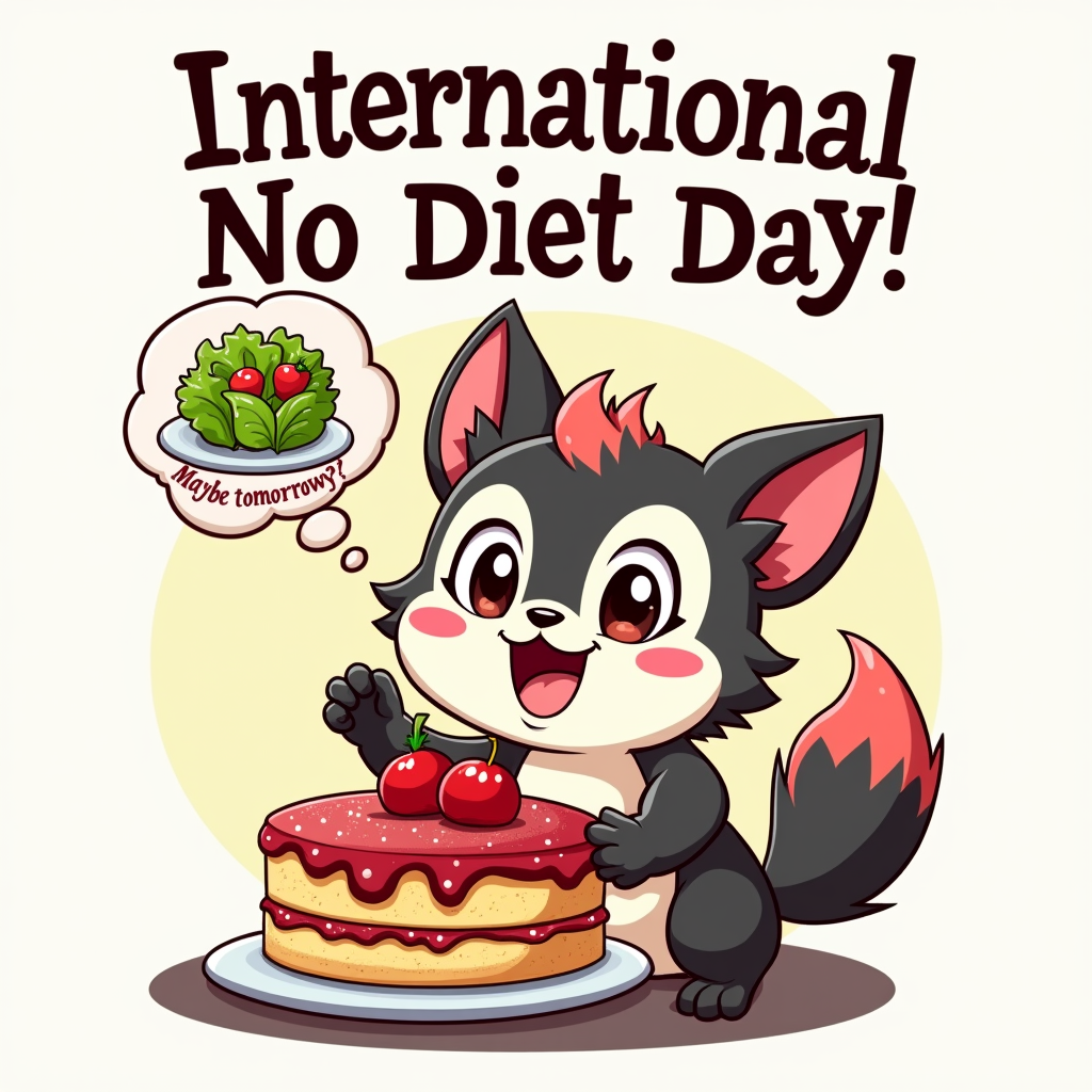 Featuring a happy, indulgent character (e.g., a cute animal, a joyful person, or even an anthropomorphic piece of cake) gleefully about to eat a large piece of cake. A thought bubble shows a tiny, unappealing salad with 'Maybe Tomorrow?' written inside or below it. The phrase 'International No Diet Day' can be arched above the scene.