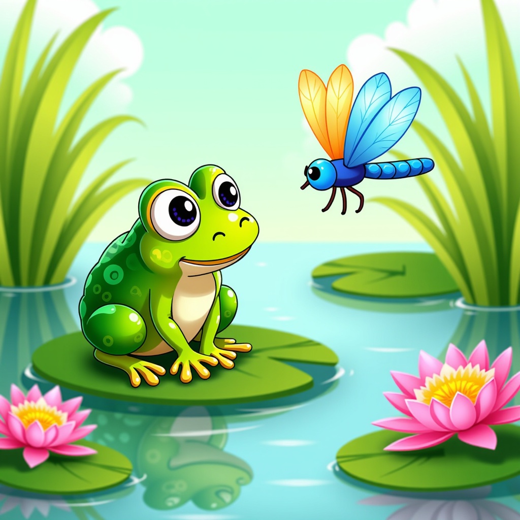 The image is a digital illustration of a green frog sitting on a lily pad in a pond. The frog is facing towards the right side of the image and has a big smile on its face. It is sitting on its hind legs with its front paws resting on the lily pads. Next to the frog, there is a blue dragonfly with orange and yellow wings. The dragonfly is flying towards the frog. The background is a light blue sky with white clouds. There are also two pink water lilies floating on the surface of the pond.