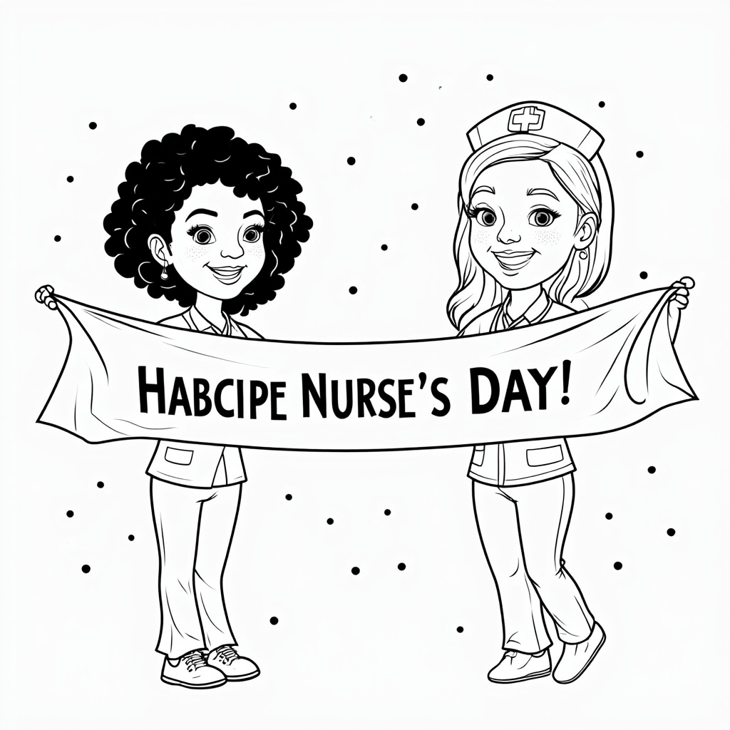 The banner 'Happy National Nurse's Day!' held aloft by two smiling, cartoon-style nurses (diverse representation) standing on either side. The background could feature subtle patterns like polka dots or gentle stripes.
