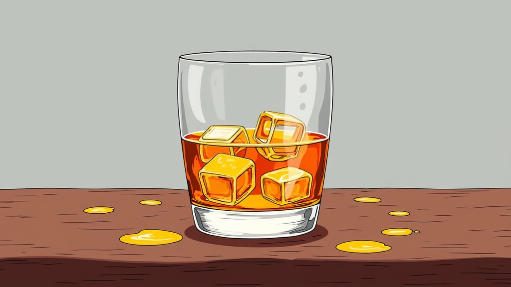 The image is an illustration of a glass of whiskey with ice cubes in it. The glass is filled with a golden-brown liquid, which appears to be whiskey, and there are several ice cubes scattered around the glass. The background is a wooden table with a light grey color. The overall mood of the image is warm and inviting, with a focus on the glass and the ice cubes.