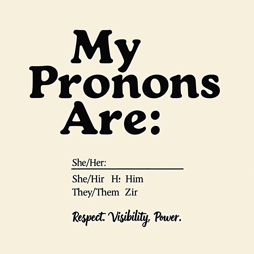 Typographic Emphasis: A design centered around the phrase 'My Pronouns Are:', with a blank space or a selection of common pronouns (e.g., She/Her, He/Him, They/Them, Ze/Zir). Smaller text below reads 'Respect. Visibility. Power.'