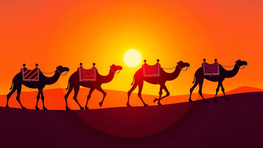 Original text: 'Arabian Nights Illustration Art - Silhouettes of Caravan Camels Against a Sunset' (This text is already in English).