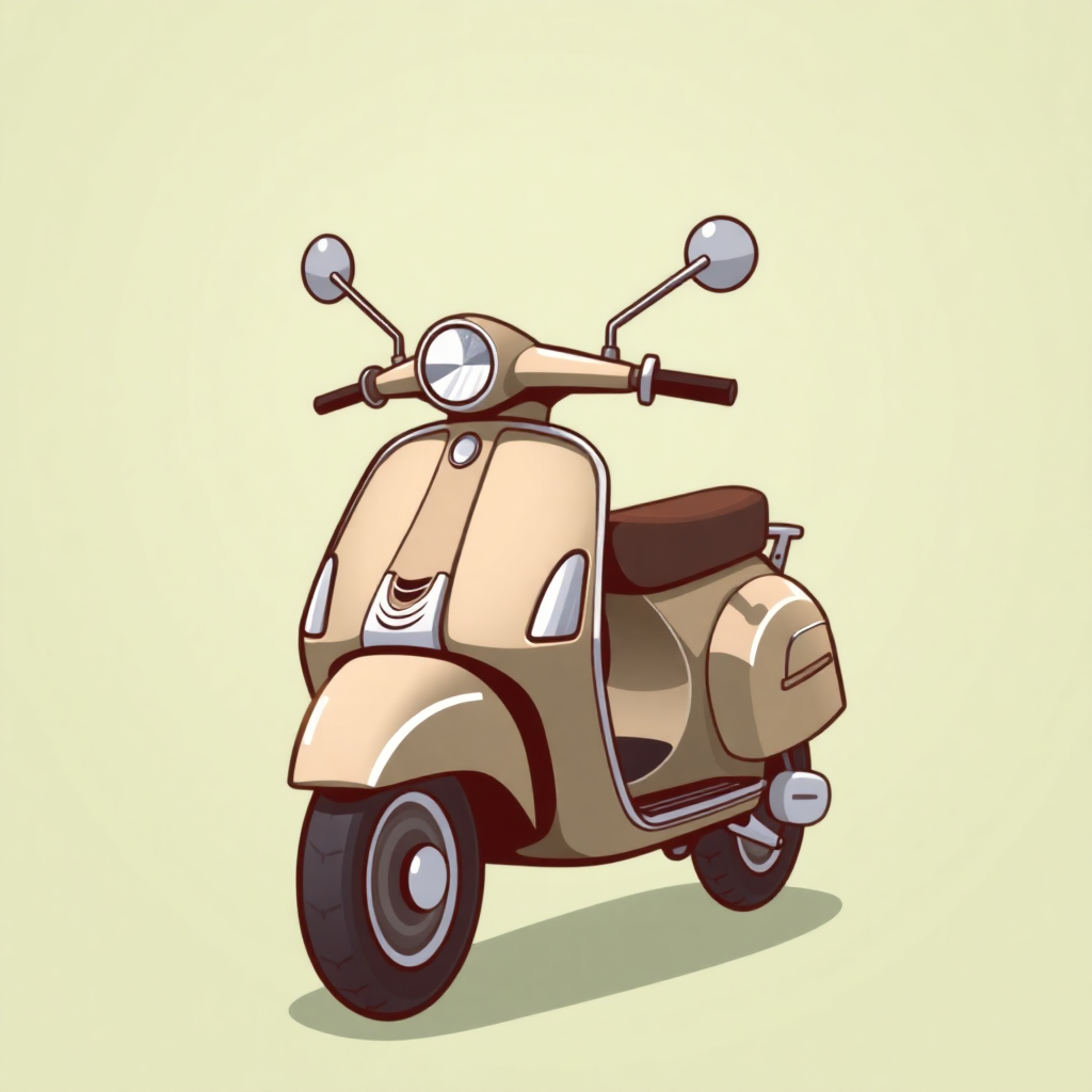 The image is a digital illustration of a beige-colored scooter. The scooter has a round headlight and two round mirrors on the front. The handlebars are curved and the seat is upholstered in a brown leather material. The front wheel is large and has a black tire. The background is a light green color. The overall style of the illustration is simple and cartoon-like.