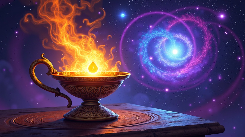 A more symbolic representation: the lamp in the foreground, with the Djinn's silhouette subtly integrated into a celestial background (e.g., a nebula or a starry night), suggesting its cosmic power and ancient origins as it escapes its confinement.