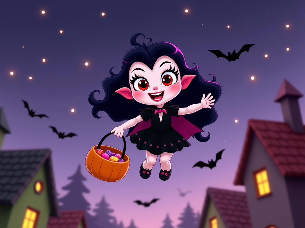 The image is a digital illustration of a cute little girl dressed up as a vampire for Halloween. She is wearing a black dress with a red cape and has long black hair with pink highlights. She has big red eyes and a big smile on her face. The girl is holding a large orange pumpkin in her hand and is flying through the air with her arms outstretched. In the background, there are several houses with green roofs and bats flying around them. The sky is dark and there are orange and yellow lights shining down on the houses. The overall mood of the image is festive and spooky.