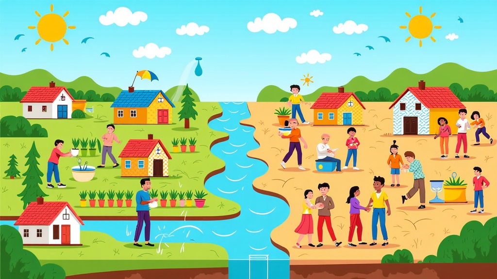 A split-narrative illustration: one side portrays a vibrant community successfully implementing water conservation techniques (rainwater harvesting, drip irrigation, greywater recycling) leading to lush environments, while the other side depicts a community struggling with drought, parched lands, and the social consequences of water scarcity due to inaction.