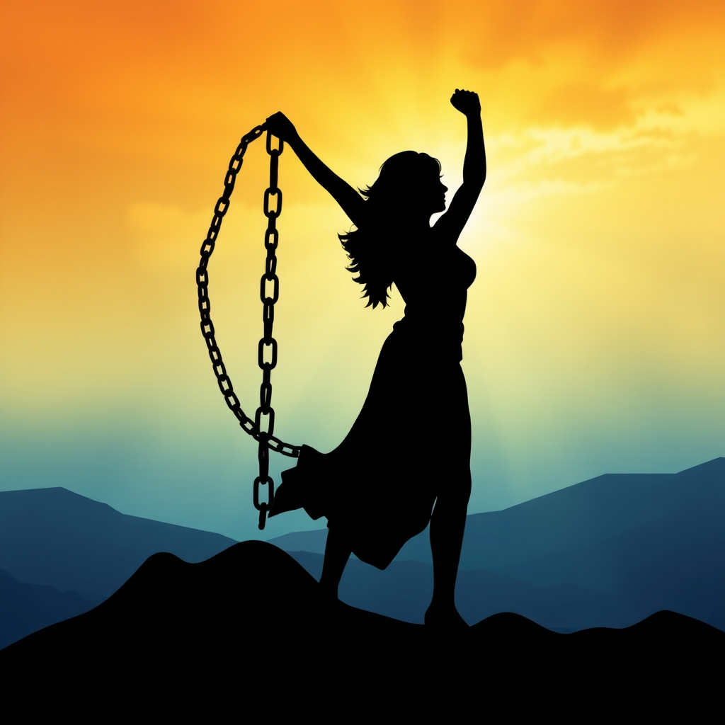 Silhouette of a woman breaking chains, symbolizing freedom and empowerment.