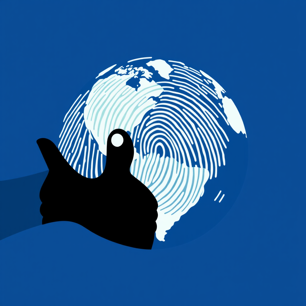 Fingerprint Earth with Hand Outline: The Earth’s continents are depicted as a collective fingerprint pattern, symbolizing individual yet united actions making a global impact. A subtle hand silhouette is integrated, perhaps cupping or forming part of the globe's outline.