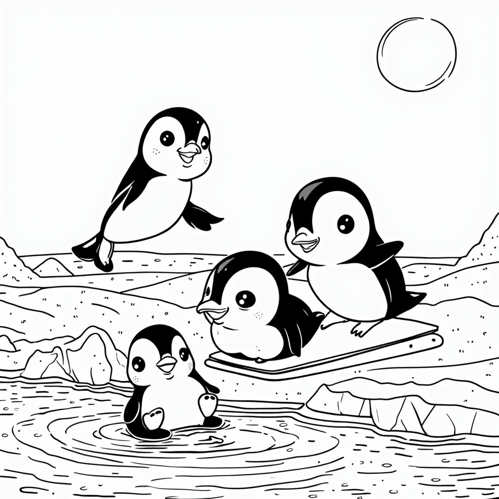 A delightful scene of penguins playing in the snow, sliding on their bellies and diving into the icy water. They social interact with each other playfully, and their black-and-white coats stand out vividly against the white snow. The sea sparkles under the cold winter sun.