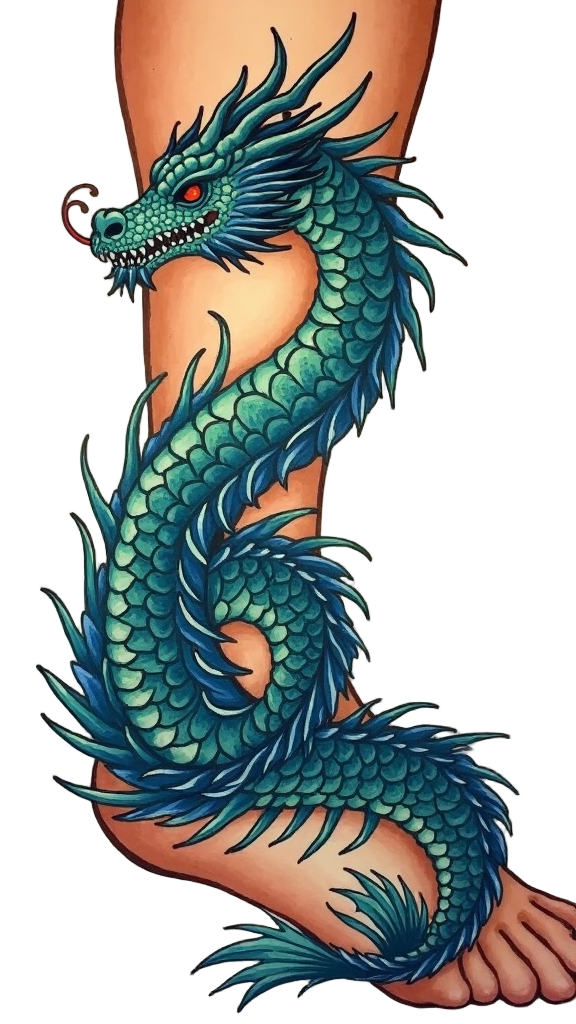 A great sea serpent dragon tattoo winds around an ankle, with gleaming scales in oceanic hues and a fin-like tail that mimics the motion of waves.