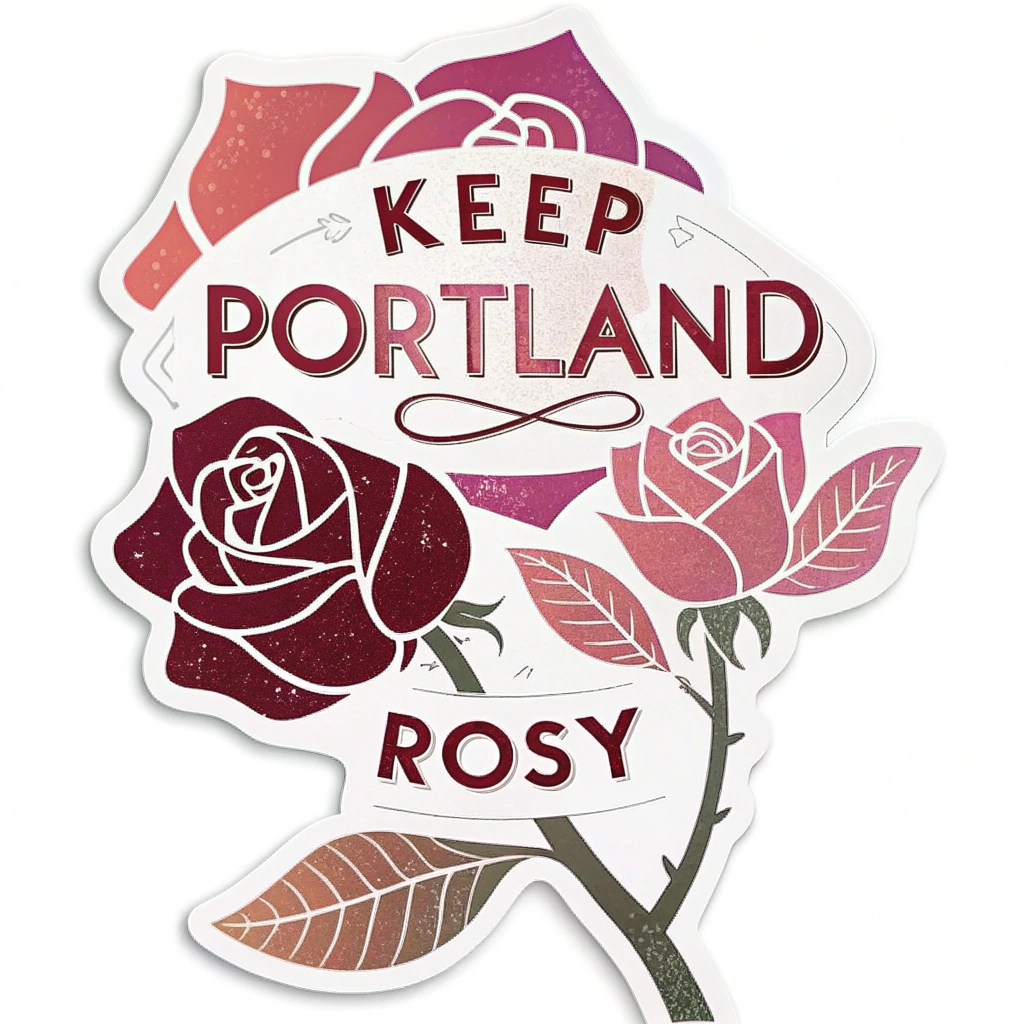 The words 'Keep Portland Rosy' arranged to form the shape of a blooming rose, with each word or letter segment forming a petal or part of the stem/leaves. Color gradients from deep red to soft pink.