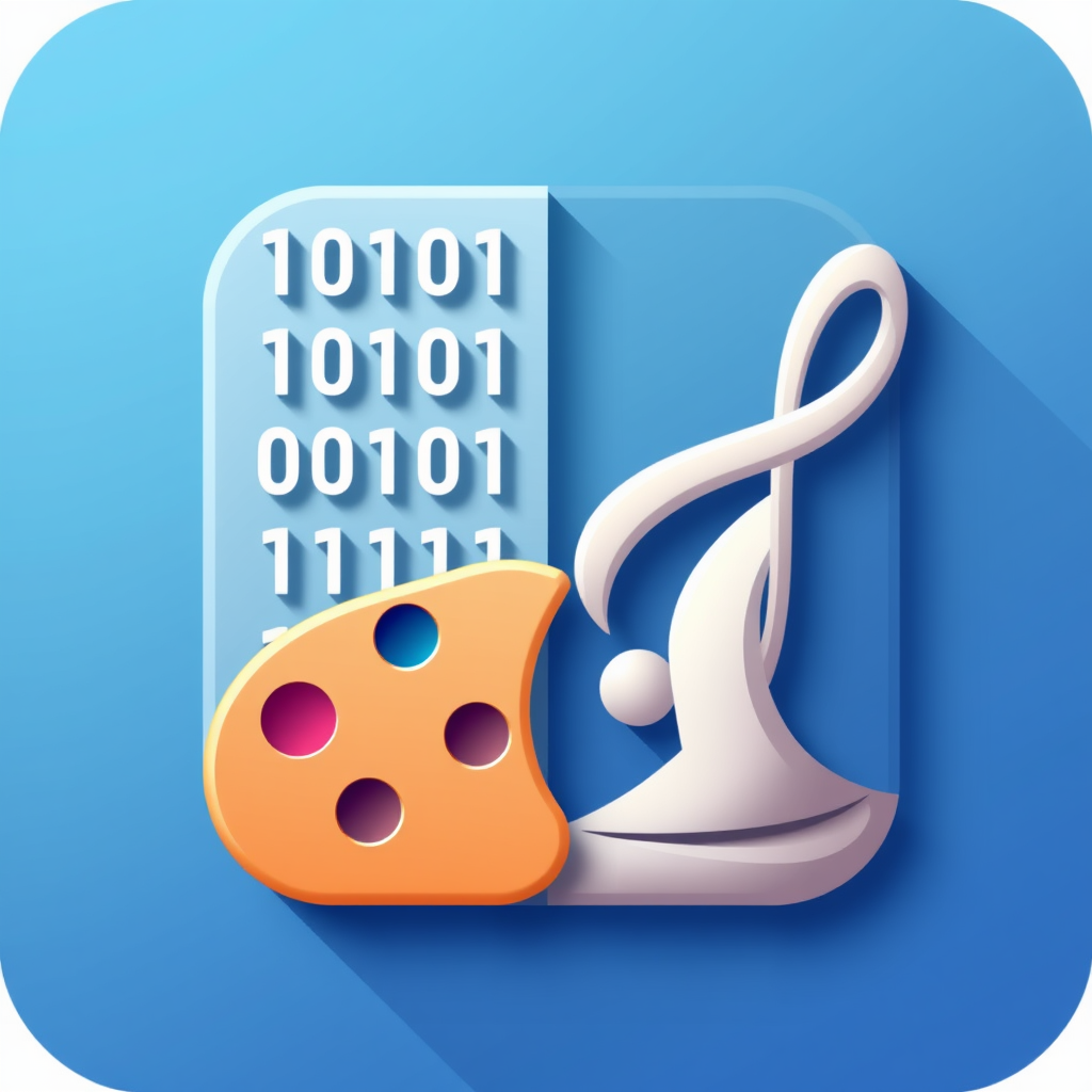 A split icon: one half shows stylized binary code (0s and 1s) or data points, and the other half depicts a painter's palette, a musical clef, or a sculpted form, with a clear visual transition (e.g., flowing lines, gradient) between the two.
