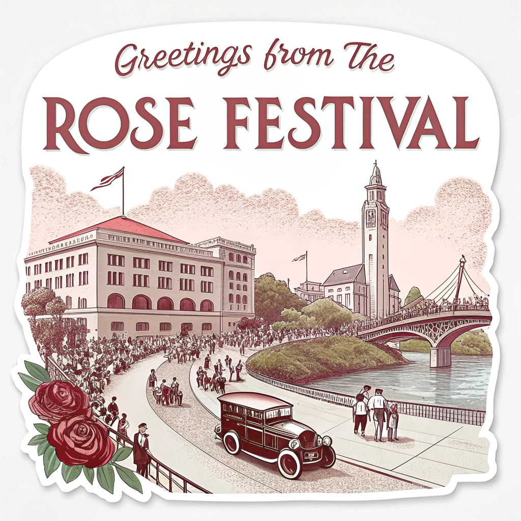 Nostalgic Postcard Snapshot Sticker: Designed like a vintage postcard, featuring a faded illustration of a Rose Festival parade scene against a Portland landmark, with 'Greetings from the Rose Festival' in a retro script font. Muted color palette.