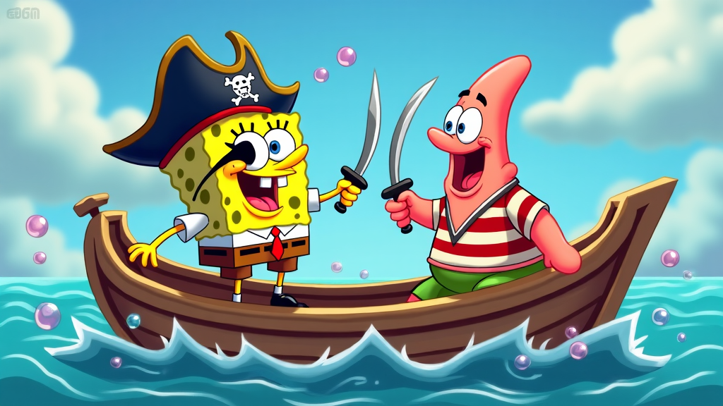 SpongeBob and Patrick dressed as pirates, brandishing toy swords while sailing on a tiny boat in a bubble ocean.