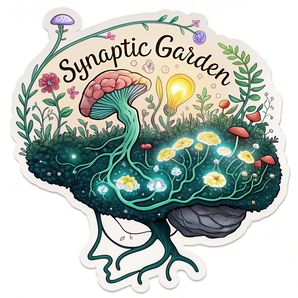 Synaptic Garden: A depiction of a brain as a lush garden, where neurons are reimagined as delicate, glowing plants or bioluminescent fungi, and synapses are the interconnected root systems or flowering connections between them, all forming a vibrant, living network.