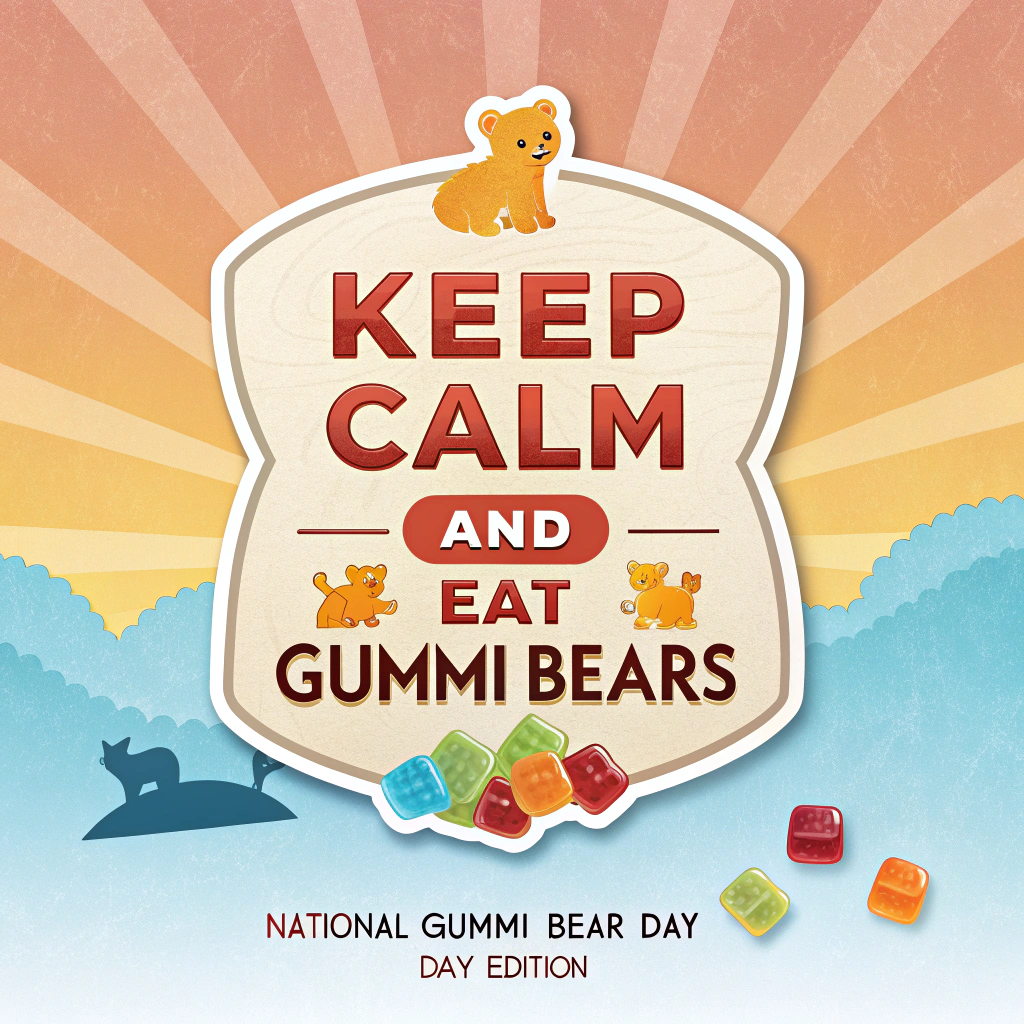 Sub-design: A predominantly typographic design where 'KEEP CALM AND EAT GUMMI BEARS' is the central focus, rendered in a fun, bold, perhaps slightly translucent or 'gummy' textured font. Small, subtle gummi bear silhouettes or illustrations can be used as decorative elements around the text, or even to replace dots on 'i's or as bullet points. 'National Gummi Bear Day - Day Edition' in a complementary smaller font, possibly on a background with a sunrise color gradient to signify 'Day Edition'.