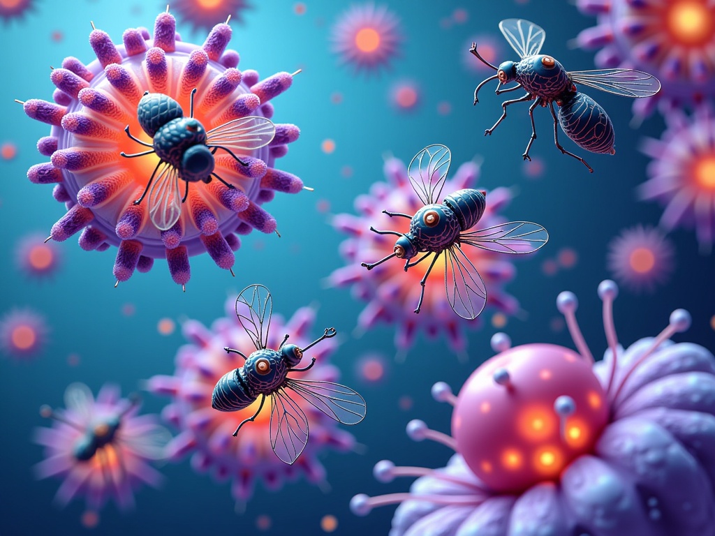 Microscopic Bio-Machinery: Visualizing the theme at a micro level. Example: Nanobots resembling insects that repair cellular tissue, or biological cells powered by miniature mechanical reactors, showcasing intricate detail in tiny forms.