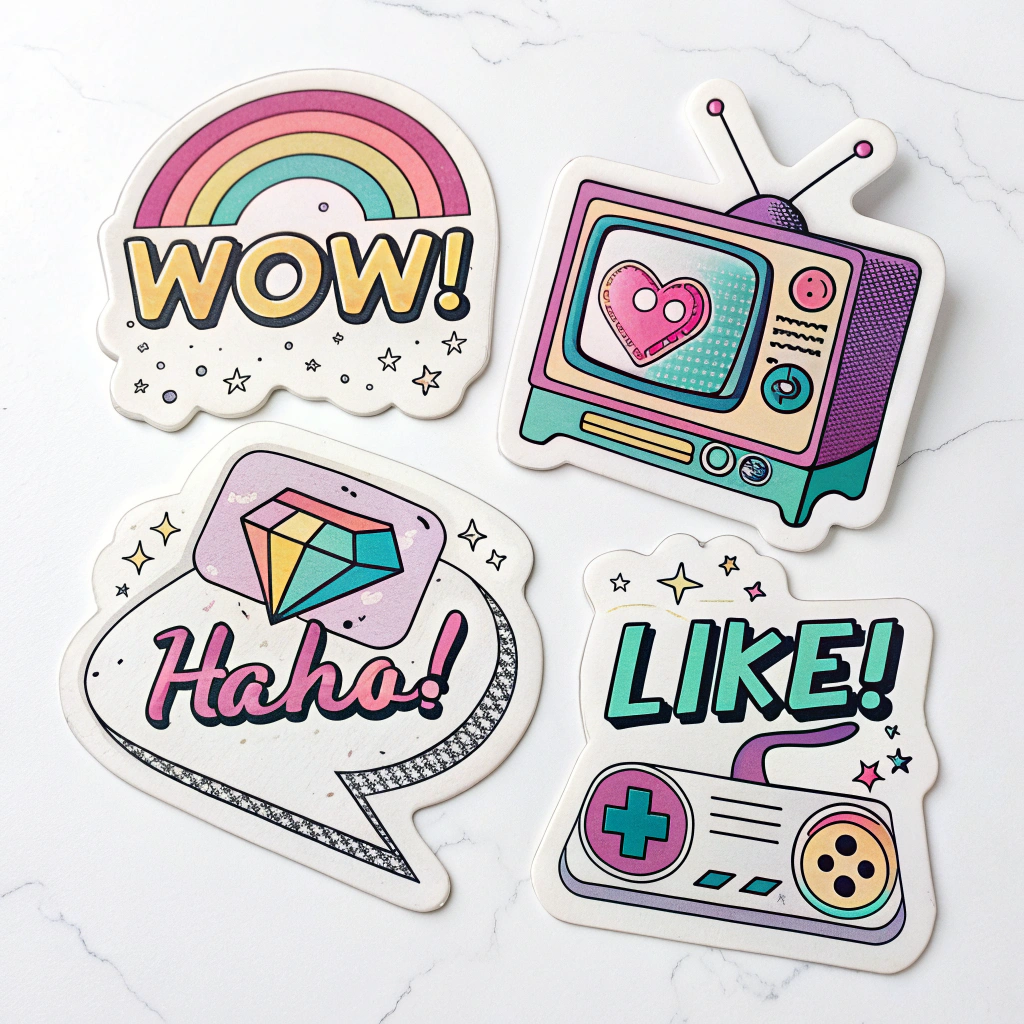 Sub-Design Idea 5: Retro Tech & Glitch Styles. Animated reaction stickers (icons or text) with a nostalgic visual theme, incorporating pixel art, CRT screen effects, scanlines, VHS-style glitches, or 8-bit sound-effect like animations.