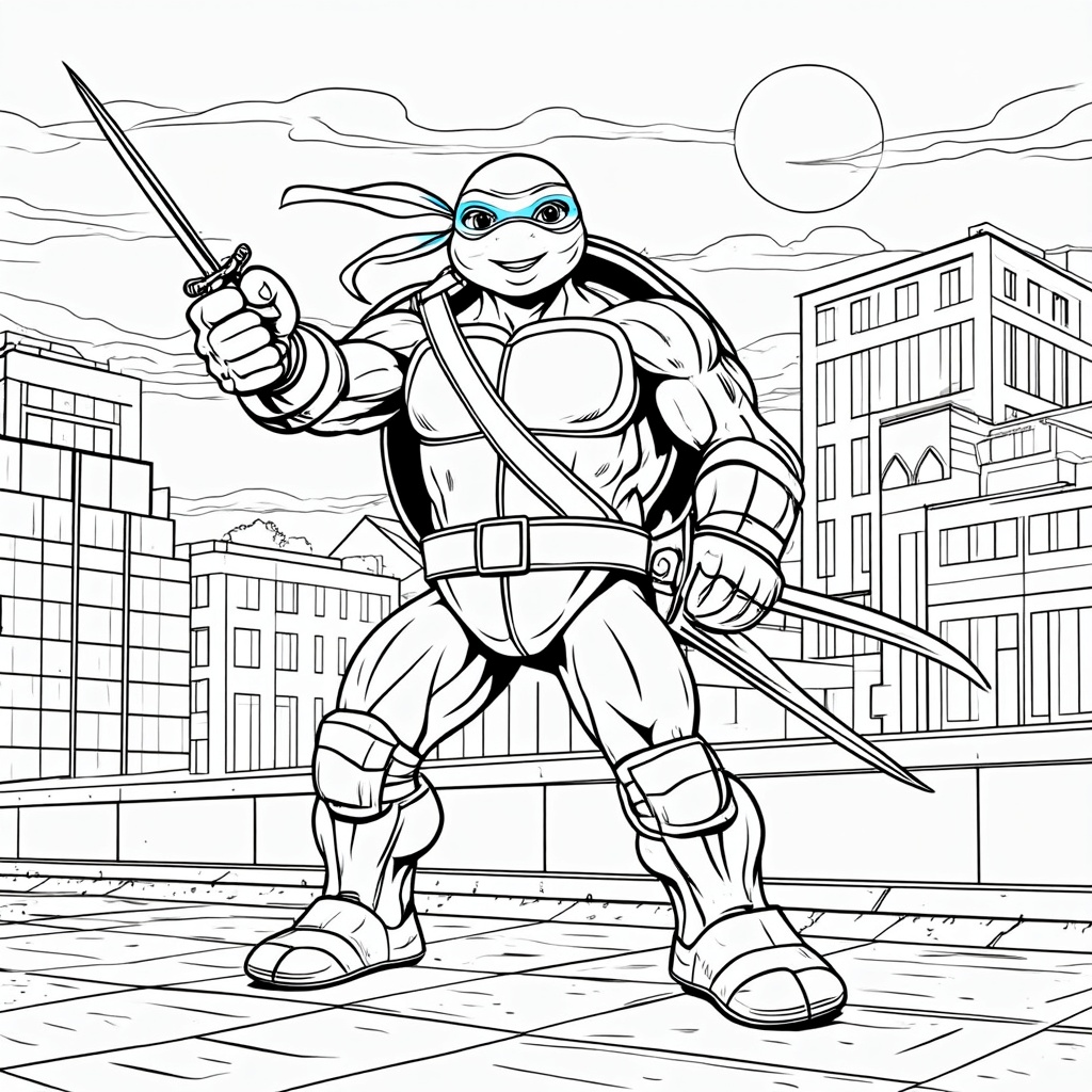 The image shows a sketch of a teenage mutant ninja turtle holding a sword in his hand, surrounded by buildings and a sky with clouds. It is a free printable coloring page, perfect for kids to enjoy.