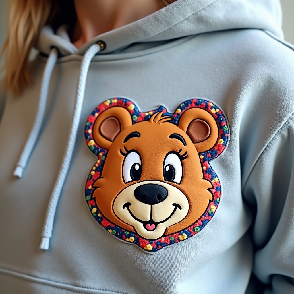 Close-up of a cartoon bear patch sewn onto a classic grey hoodie, with colorful stitching.