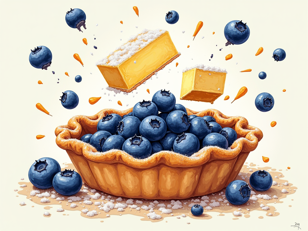 An 'exploded view' design showing ingredients like blueberries, sugar crystals, and butter pats floating dynamically around a stylized pie crust.