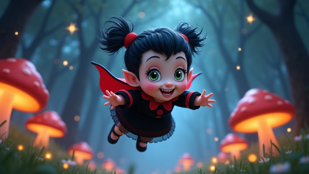 The image is a digital illustration of a cute little girl with dark hair and green eyes. She is wearing a black dress with red accents and a red cape. She has two red bows on her head and is flying through the air with her arms outstretched. The background is a forest with tall trees and red mushrooms. The ground is covered in green grass and there are small white flowers scattered around. The overall mood of the image is magical and whimsical.