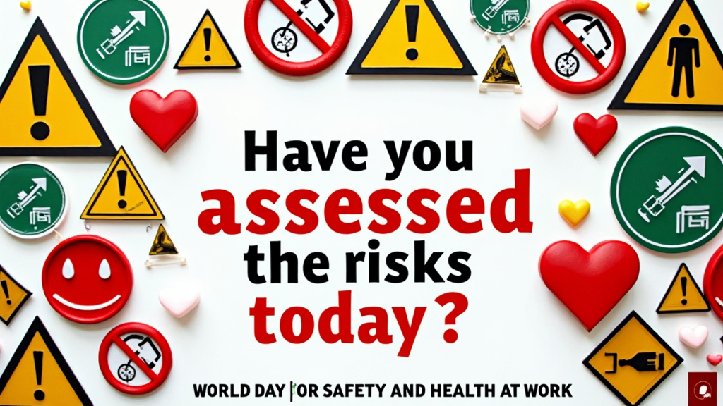 A poster using universal safety symbols (warning triangle, prohibition signs, mandatory action signs) arranged creatively. A central question asks, 'Have you assessed the risks today?' Include the date of World Day for Safety and Health at Work.