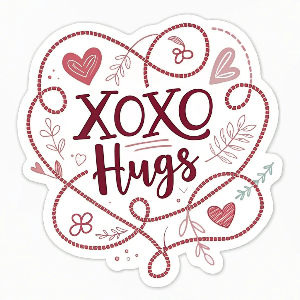 A sticker combining both 'XOXO' and 'Hugs,' with the words forming a creative, interconnected design, possibly in a circular or heart shape.