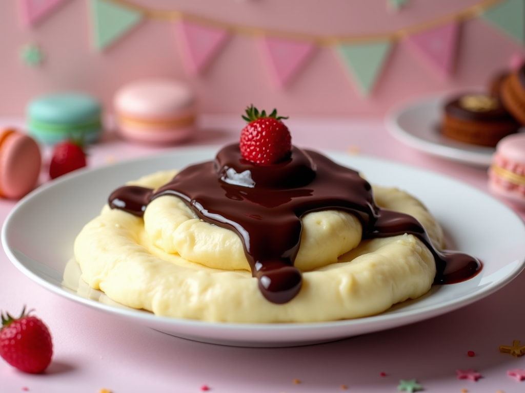 An indulgent portion of mashed potatoes with a rich, dark chocolate sauce swirl atop, set against a dessert-themed backdrop.