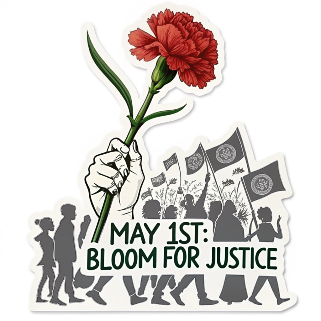 Design a sticker with a central image of a red carnation blooming, its stem formed by a raised fist. Around the flower, include silhouettes of diverse people holding protest signs. Slogan: 'May 1st: Bloom for Justice'.