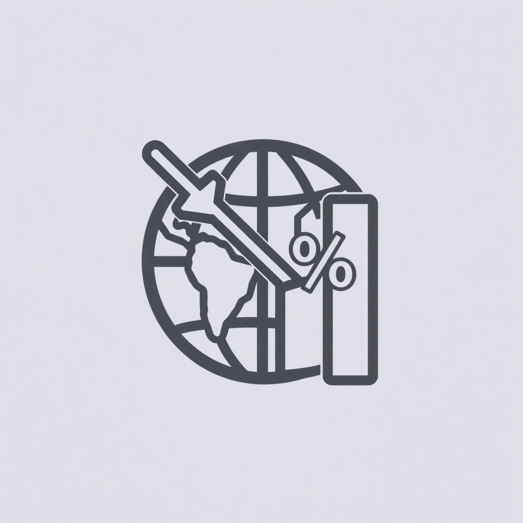 A simple icon depicting a globe with an arrow representing trade movement. This arrow is partially obstructed by a stylized wall or gate, with a percentage symbol (%) subtly placed near the barrier to indicate a tariff.