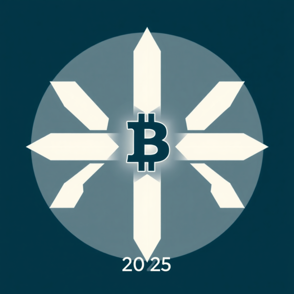 Converging Geometric Arrows: Utilize symmetrical geometric arrows, perhaps two or four, converging to a central point. This symbolizes community convergence at the conference, Bitcoin's focused energy, and security guarding a core. Arrows are sharp and clean. The focal point could be a minimalist Bitcoin symbol or a geometric representation of a block. Achieves minimalism via clean lines and ample negative space. '2025' is typeset clearly.