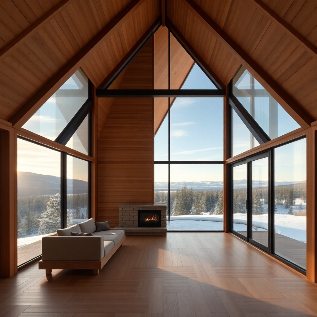 A-frame cabin with floor-to-ceiling glass walls on the front and back to maximize views, incorporating a minimalist interior with natural wood and a fireplace.