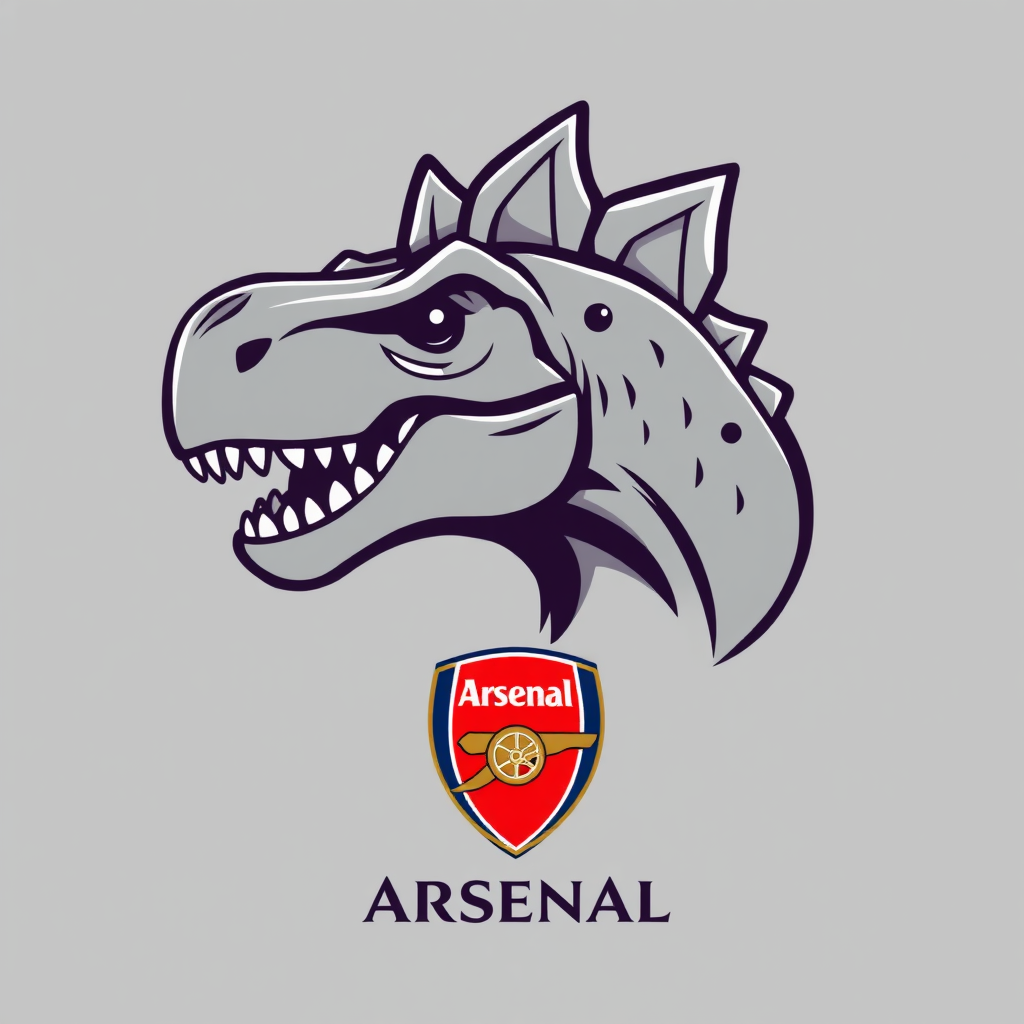 Sub-Design Idea 5: Focus on the Goonersaurus head as the primary element, designed with sharp, modern lines. The cannon could be a smaller, symbolic element below or incorporated into the dino's design (e.g., scales resembling cannonballs, or a marking). Arsenal wordmark beneath.