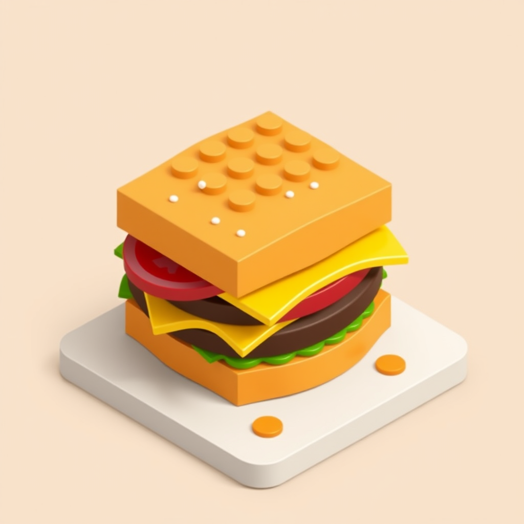 Create an icon that features an isometric view of a burger built from simple blocks. This will add a three-dimensional, structured feel.