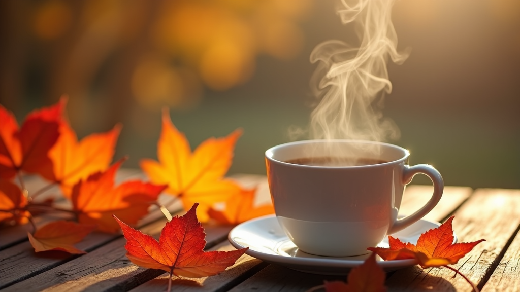 A steaming cup of coffee rests on a rustic wooden table, with vibrant autumn leaves scattered around.