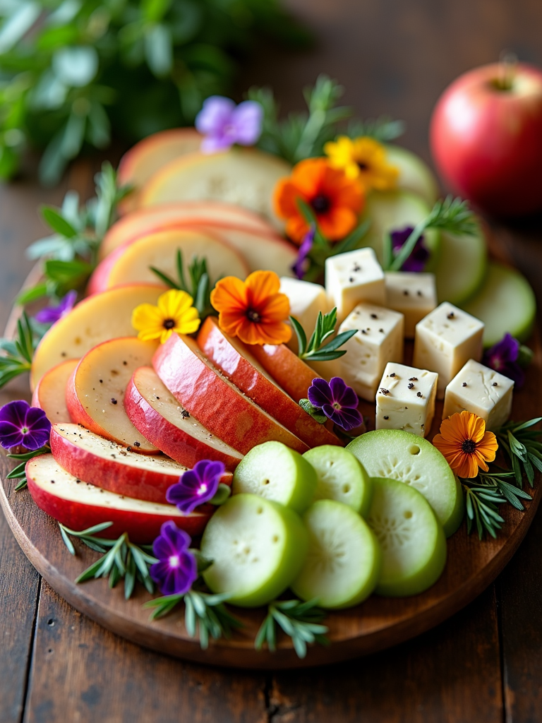 Arrange apple slices in a decorative pattern, perhaps a circle or a fan shape, and place cheese cubes or wedges strategically around them. Enhance with edible flowers or fresh herbs for a sophisticated look.