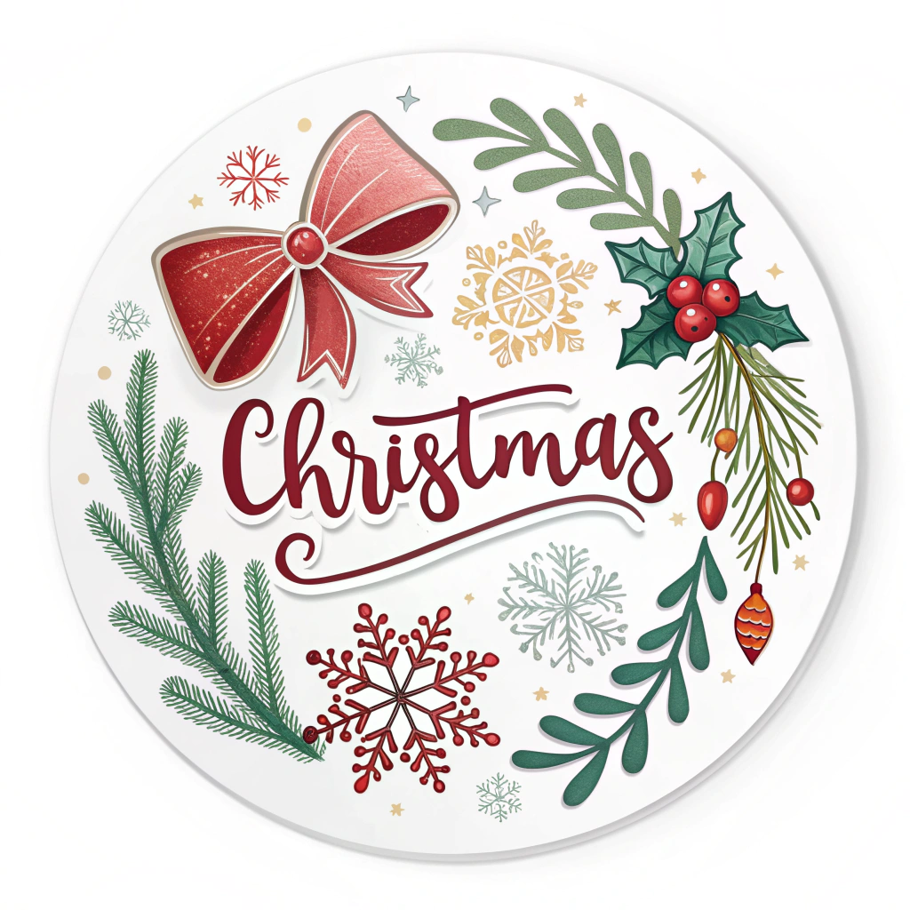 The image shows a festive Christmas wreath with holly leaves and berries on a white background. The wreath is composed of a variety of colors, including red, green, and white, and is adorned with a red bow. The text 