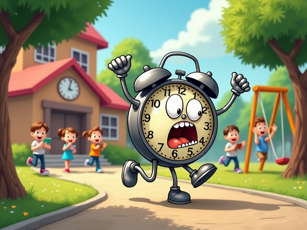 Character Concept: A harried-looking anthropomorphic clock character constantly chasing after kids who are overusing their devices, with its hands spinning wildly when time is almost up.