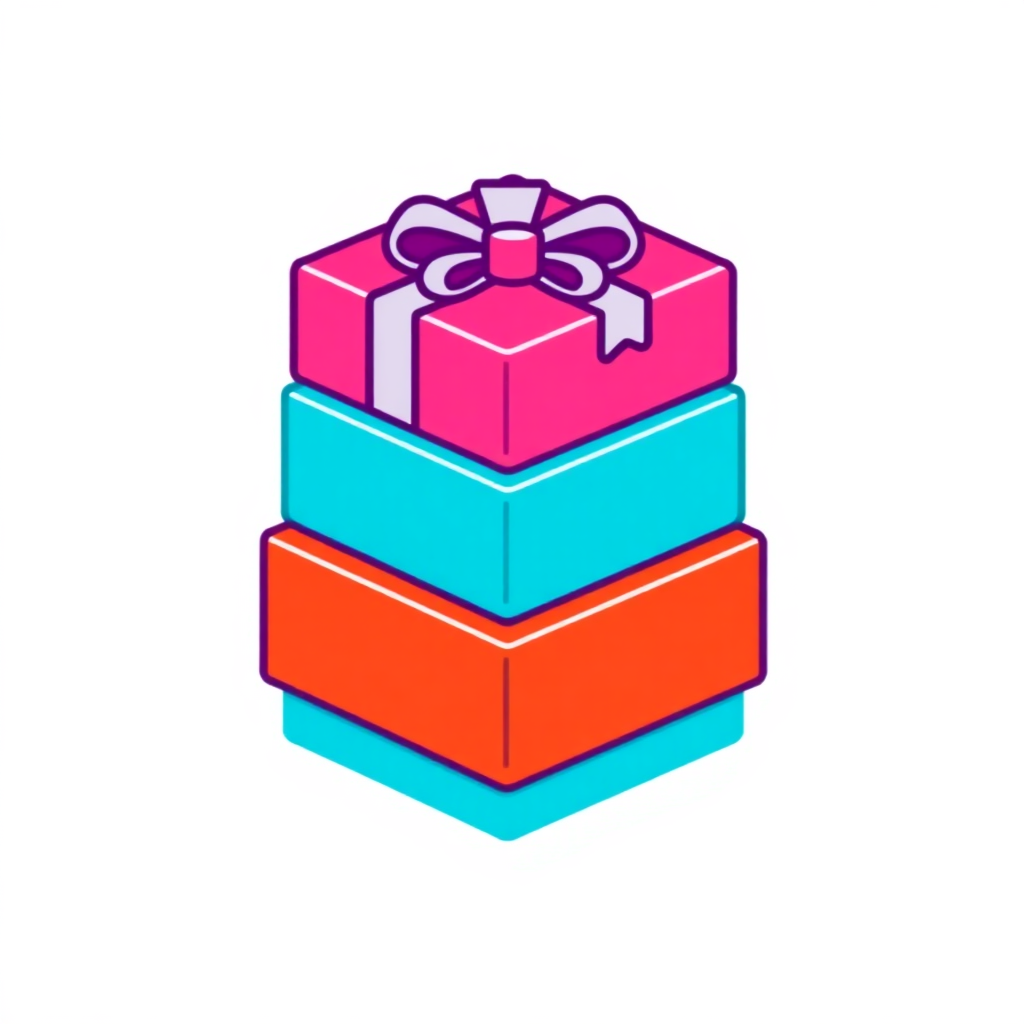 A simple icon featuring a stack of gift boxes, each in a different bright color, with a small bow on the top box.