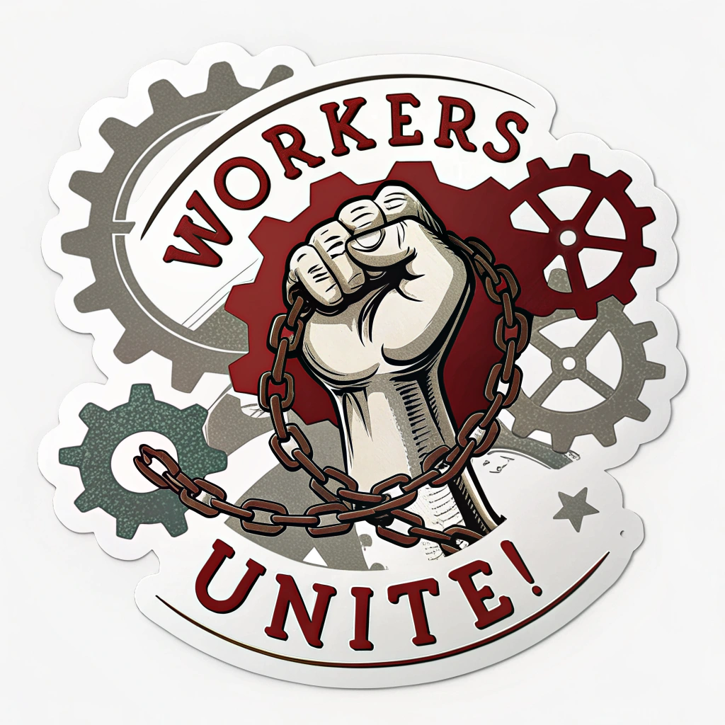 Unity & Gears: Raised fist combined with elements like interlocking gears or chains signifying workers and industry. 'Workers Unite!' could be wrapped around or within these elements. Colors sturdy and industrial (grays, metallics, deep red).