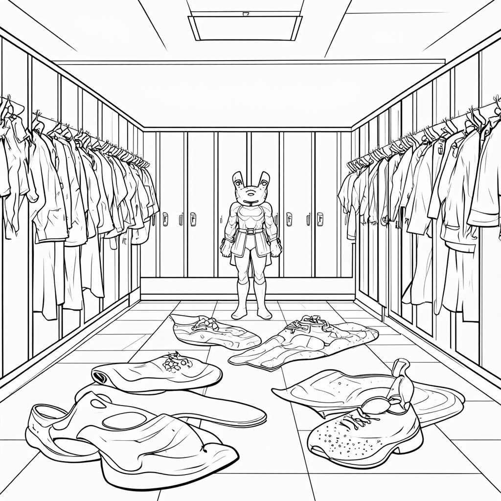 A coloring page featuring a locker room with clothes scattered about, implying a quick change from civilian to superhero attire.