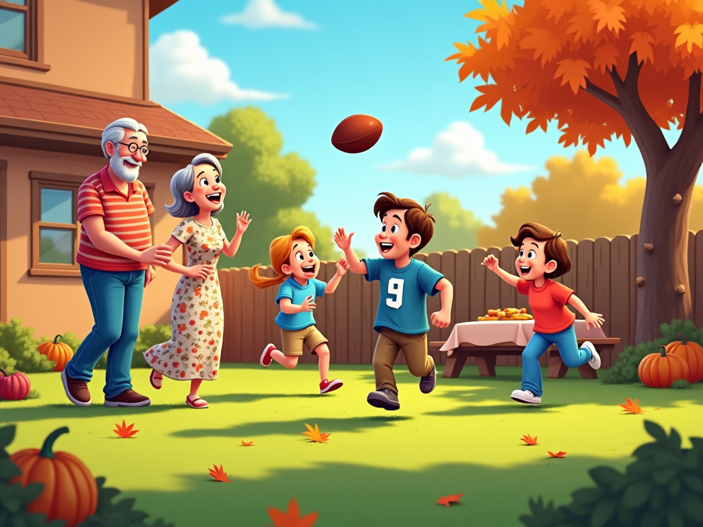 A long shot of a backyard, where a multi-generational family engages in a friendly yet competitive Thanksgiving football match.