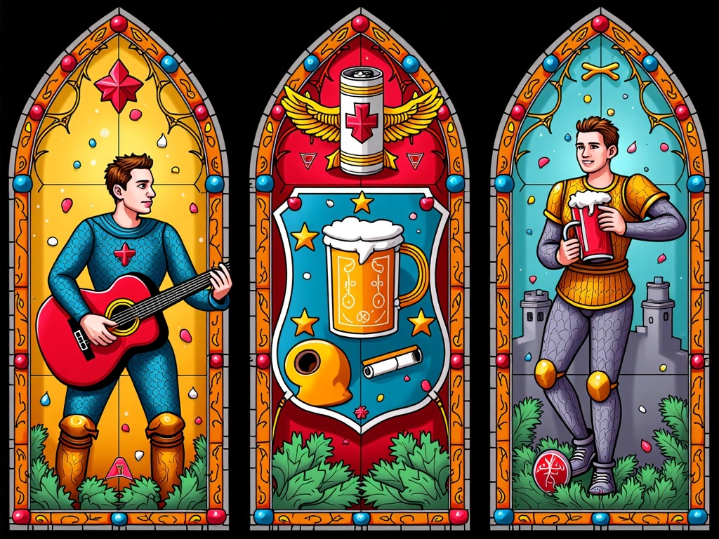 A stained-glass window inspired illustration. Each panel could depict a different aspect of 'Medieval Malone' – him jousting with a guitar, a coat of arms featuring his symbols (like a beer can or a cigarette), or a scene from a mythical quest. The colors would be rich and vibrant.
